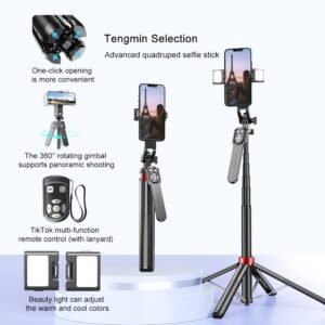 Upgraded Automatic Four-legged Support and Wireless TK Remote Control, Advanced Mobile Phone Holder, Wide-angle Selfie Stick, 360° Rotating Pan Tilt Supports Panoramic Shooting, Aluminum Alloy Body, Expands Up To 1.8 Meters, Comes With 1/4 Nut Connector, 2 Free Adjustable Warm And Cool Color Beauty Lights, Storage Bag