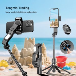 New portable anti-shake stabilizer selfie stick with one-button landscape and portrait mode switching, brushless motor for stable and silent operation, four-legged stand that can be deployed with one button, removable remote control, extensible main pole, adjustable color temperature front fill light, and gyroscope equipped with a locking switch