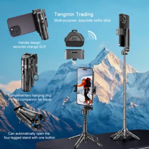 Tengmin Aluminum Alloy Selfie Stick with Wireless Remote, USB Charging, One-Button 4-Leg Stand, Handle to DSLR Grip, Cold Shoe Mount, Rechargeable Lithium Polymer Battery, Travel & Live Streaming Companion