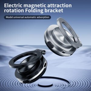 Ultra-thin electric magnetic rotating and folding stand, featuring a precise "click" rotation sound effect for stress relief, non-interfering with signals, with strong adsorption capability on various smooth surfaces, and comes with a complimentary magnetic attachment sheet.