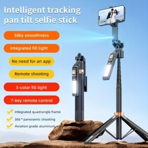 A multi-functional, portable quadruped support stand that integrates an AI smartphone gimbal and fill light, featuring automatic tracking selfie stick capabilities, 360° panoramic shooting, seamless color temperature adjustment from 3000K to 6500K, RG0 flicker-free performance, a professional four-axis integrated anti-shake balanced handle, reinforced aluminum alloy construction, an ultra-long 1.8-meter pole, and a 1/4-inch nut connector, suitable for outdoor/camping/wide-angle/live-streaming scenarios.