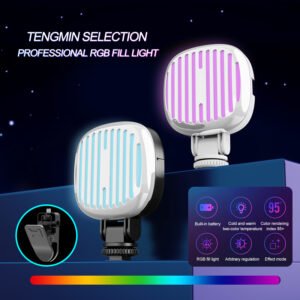 Professional-grade RGB fill light, featuring cinematic-quality spotlight LED beads with dazzling chromatic effects, offers full-color RGB adjustment via a roller wheel, spanning a color temperature range of 3000K-9000K for both warm and cool tones. It boasts a magnetic back design and a bottom 1/4-inch standard screw mount + cold shoe interface, ensuring compatibility with a wide range of cameras, selfie sticks, and phone mounts on the market. A multifunctional clip is included as a complimentary accessory.