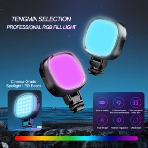 Professional-grade RGB fill light, featuring cinematic-quality spotlight LED beads with dazzling chromatic effects, offers full-color RGB adjustment via a roller wheel, spanning a color temperature range of 3000K-9000K for both warm and cool tones. It boasts a magnetic back design and a bottom 1/4-inch standard screw mount + cold shoe interface, ensuring compatibility with a wide range of cameras, selfie sticks, and phone mounts on the market. A multifunctional clip is included as a complimentary accessory.