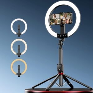 The latest live-streaming grade mobile phone stand comes with a 10-inch circular beauty light and a wireless remote control. It features an aluminum alloy pole that extends up to 2.3 meters and a four-legged support stand, making it ideal for outdoor, live-streaming, camping, and other scenarios.