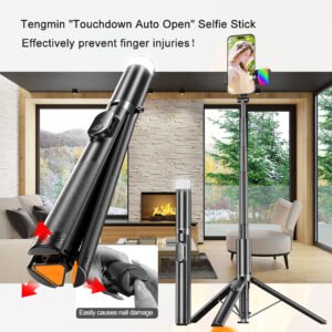 The new "Touchdown Auto-Open" tripod with selfie stick features three independent small springs in its leg structure. When it touches the ground, it automatically springs open without causing any damage to your nails. It can extend up to 74.8 inches. The tripod is constructed with an aluminum alloy pole and a zinc alloy reinforced keel. It also comes with a detachable RGB beauty light and a remote control, making it suitable for any shooting, video recording, or live-streaming scenario.