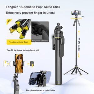 The new touch-down auto-opening quadruped support stand with a selfie stick for mobile phones features a separated phone clip design. It comes with 2 detachable beauty lights as a gift. Equipped with a standard 1/4-inch interface, it allows for the attachment of cameras and other devices. It is also fitted with a rotatable pan-tilt head. With an extended span of 71.26 inches, it enables wide-angle shooting, making it suitable for a variety of shooting and live-streaming scenarios.