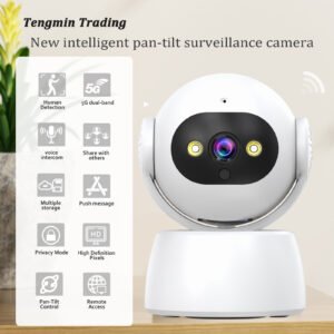 New indoor PTZ camera with one-touch physical privacy shutter, 3MP high resolution, dual-band 2.4G/5G Wi-Fi support, voice monitoring and two-way intercom, push notifications for human detection alerts, and remote monitoring via all types of smartphones